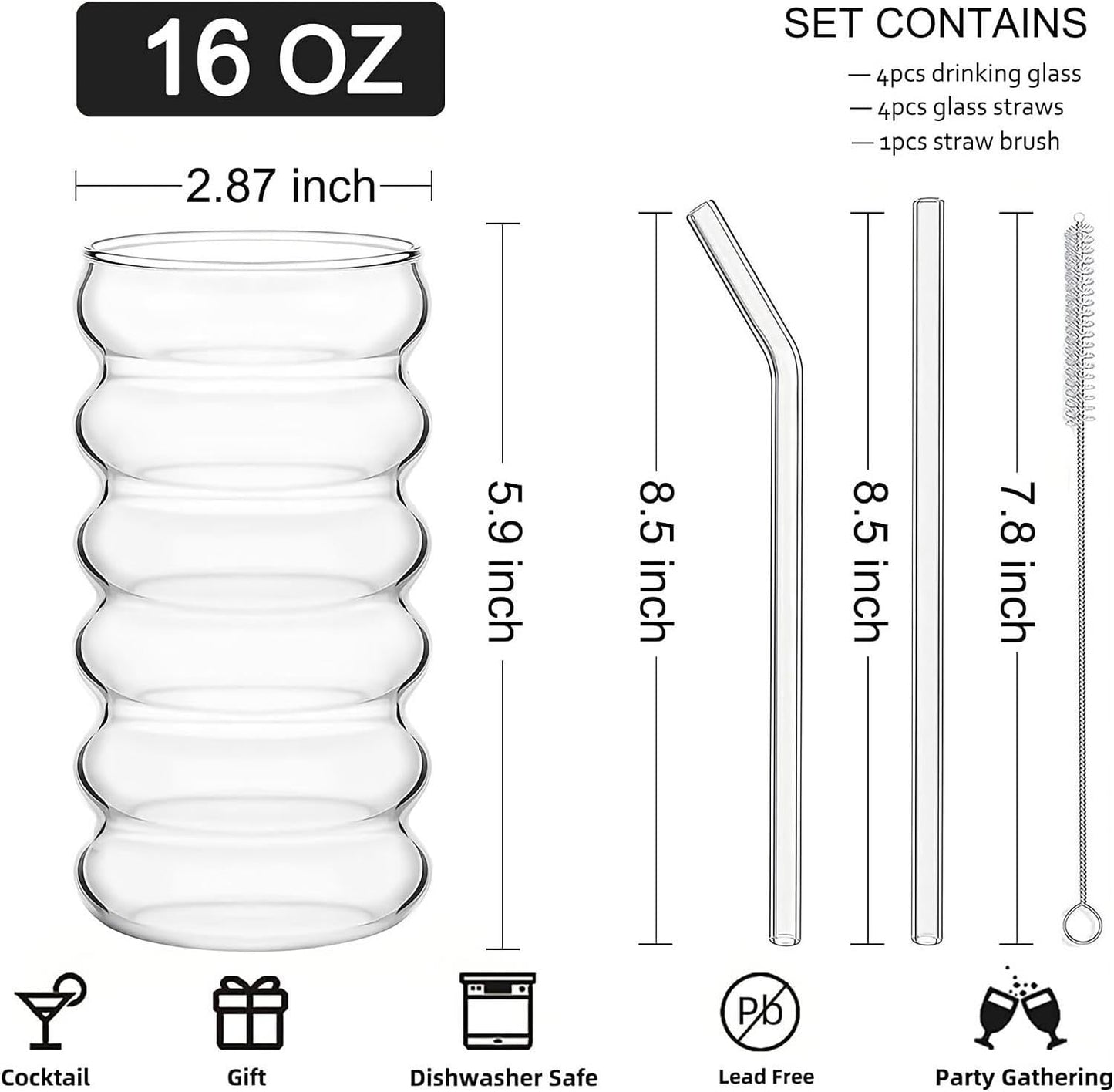 Ribbed Drinking Glass Cups with Straws Set of 4, 16 Oz Aesthetic Iced Coffee Glasses, Wave Bubble Glasses Tumbler, Ripple Glassware, Beer Glasses for Coctail, Milk, Soda, Gift with Brush