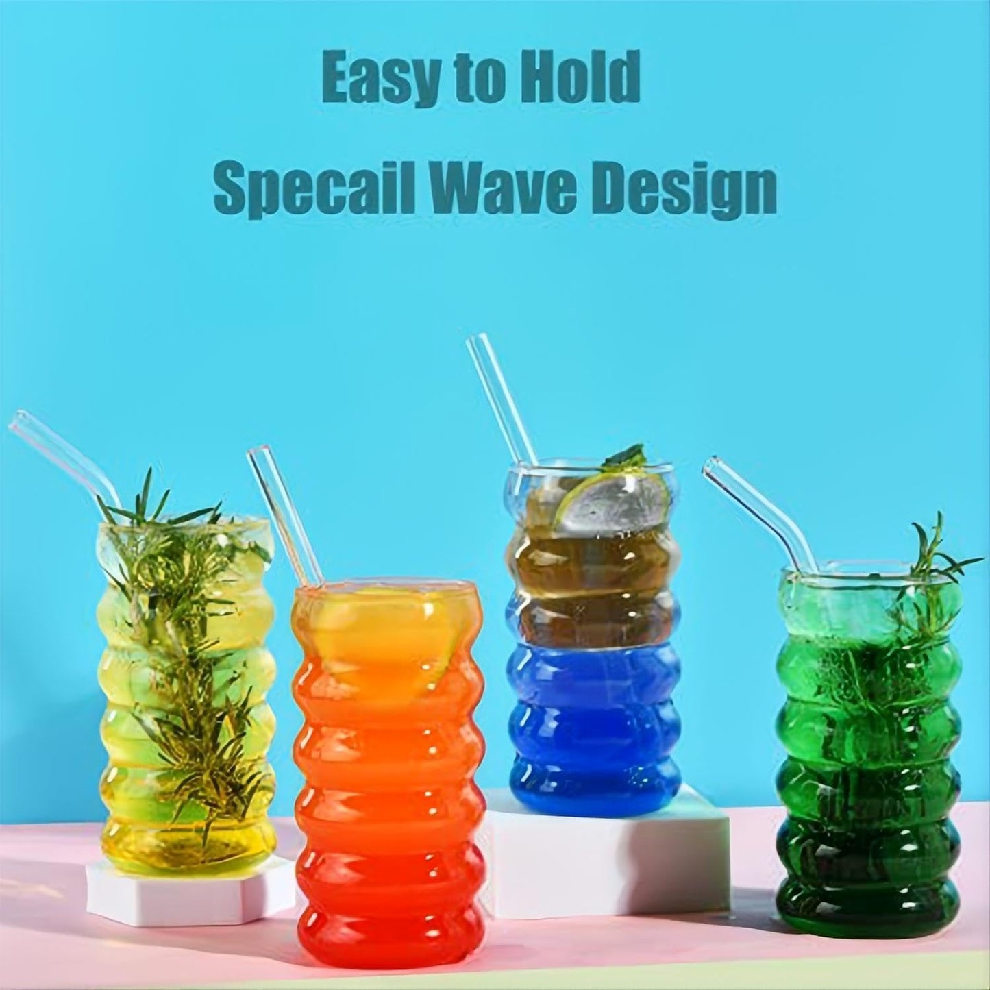 Ribbed Drinking Glass Cups with Straws Set of 4, 16 Oz Aesthetic Iced Coffee Glasses, Wave Bubble Glasses Tumbler, Ripple Glassware, Beer Glasses for Coctail, Milk, Soda, Gift with Brush