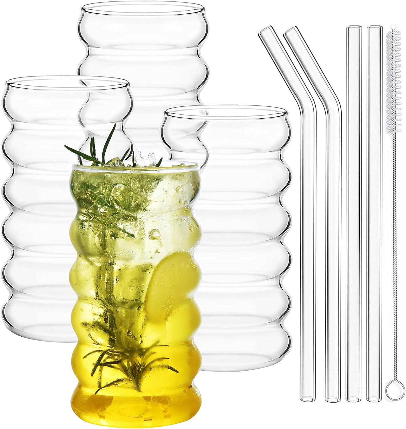 Ribbed Drinking Glass Cups with Straws Set of 4, 16 Oz Aesthetic Iced Coffee Glasses, Wave Bubble Glasses Tumbler, Ripple Glassware, Beer Glasses for Coctail, Milk, Soda, Gift with Brush